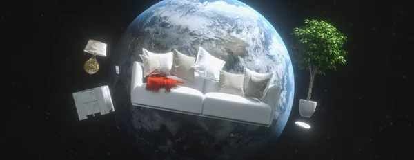 Flying Sofa Meubels Gewichtloosheid Ruimte Met Uitzicht Planeet Aarde Rendering — Stockfoto