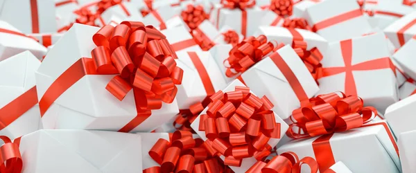 Beaucoup Cadeaux Rouges Blancs Pour Noël Sur Une Pile Espace — Photo