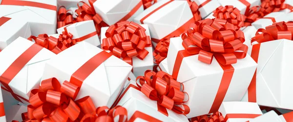 Δώρο Φόντο Για Χριστούγεννα Ένα Μάτσο Δώρα Κόκκινο Λευκό — Φωτογραφία Αρχείου