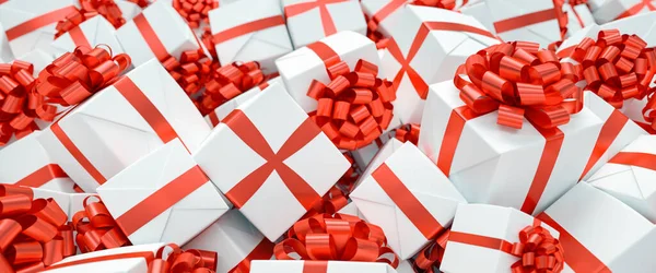 Wiele Czerwono Białych Prezentów Boże Narodzenie Dużym Stosie — Zdjęcie stockowe