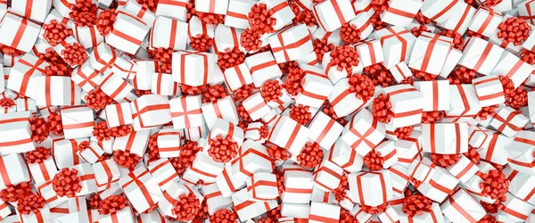 Sfondo Regali Natale Con Molti Fiocco Rosso Dimensione Banner — Foto Stock