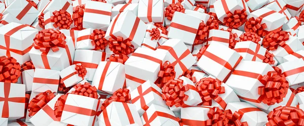 Πολλά Διαφορετικά Κόκκινα Και Λευκά Χριστουγεννιάτικα Δώρα Για Χριστούγεννα Ένα — Φωτογραφία Αρχείου