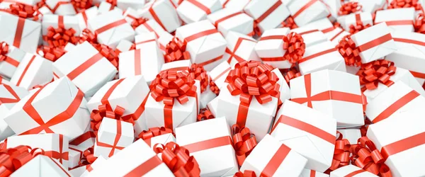 Πολλά Διαφορετικά Κόκκινα Και Λευκά Χριστουγεννιάτικα Δώρα Για Χριστούγεννα Ένα — Φωτογραφία Αρχείου