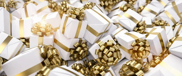 Muitos Presentes Ouro Brancos Natal Uma Grande Pilha — Fotografia de Stock