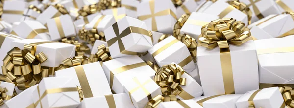 Sfondo Regalo Natale Con Mazzo Regali Oro Bianco — Foto Stock