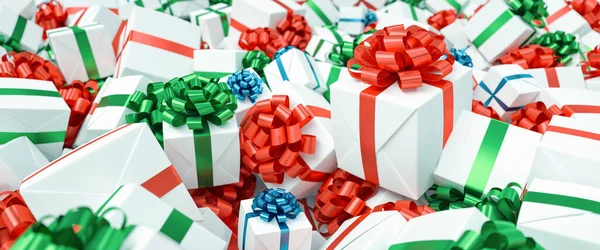 Sok Színes Fehér Ajándékot Karácsonyra Egy Nagy Halom — Stock Fotó