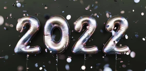 Happy New 2022 Year 2022 Tarnishing Foil Balloons Falling Confetti — Stock Photo, Image
