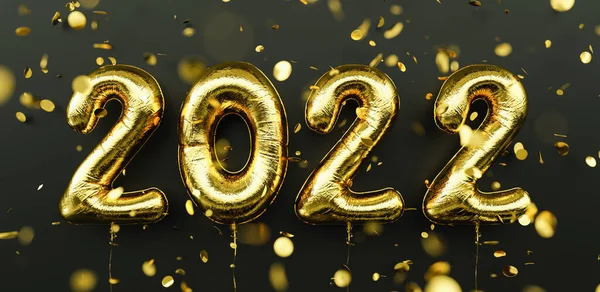 Happy New 2022 Year. 2022 golden foil balloons and falling confetti on black background. Gold helium balloon numbers. Festive poster or banner concept image