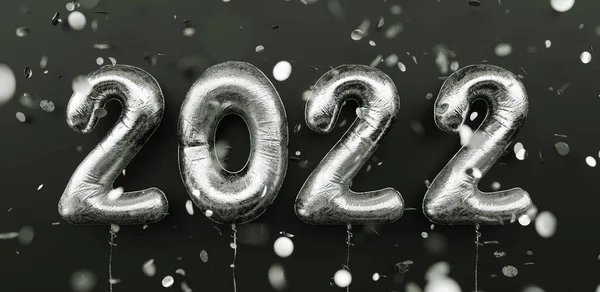 Happy New 2022 Year 2022 Silver Foil Balloons Falling Confetti — Stock Photo, Image