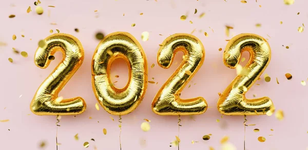 Happy New 2022 Year. 2022 golden foil balloons and falling confetti on pink background. Gold helium balloon numbers. Festive poster or banner concept image