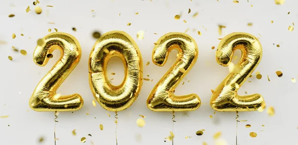 Happy New 2022 Year. 2022 golden foil balloons and falling confetti on white  background. Gold helium balloon numbers. Festive poster or banner concept image