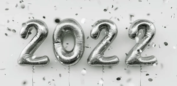 新的2022年快乐 2022年银箔气球和白色背景的漏斗 银氦气球的号码 节日海报或横幅概念图像 — 图库照片