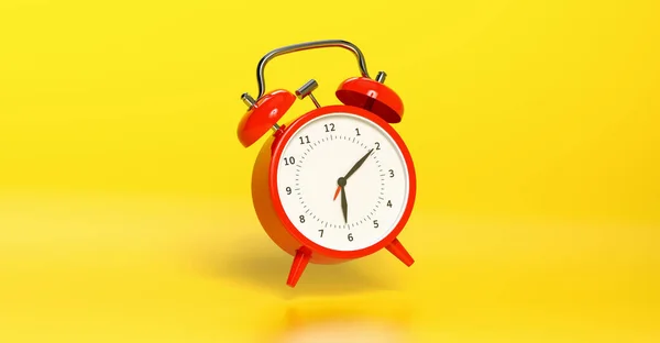 Red Vintage Alarm Clock Falling Floor Bright Yellow Background Minimal — Stock Photo, Image
