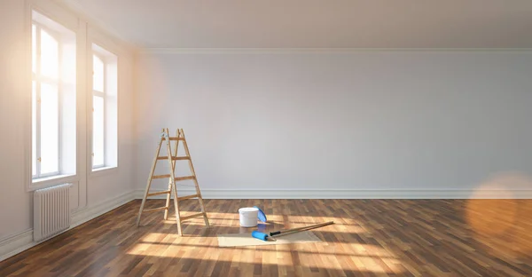 Apartamento Quarto Após Renovação Com Escada Balde Pintura Parede Branca — Fotografia de Stock