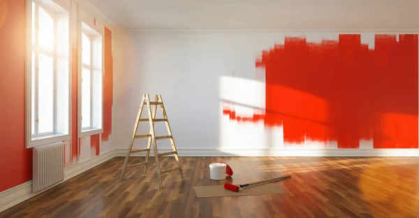 Parede Pintura Vermelha Quarto Apartamento Após Realocação Com Escada Balde — Fotografia de Stock