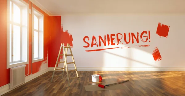 Sanierung Німецькою Мовою Реконструкція Кімнати Написаної Стіні Свіжою Фарбою Полотно — стокове фото
