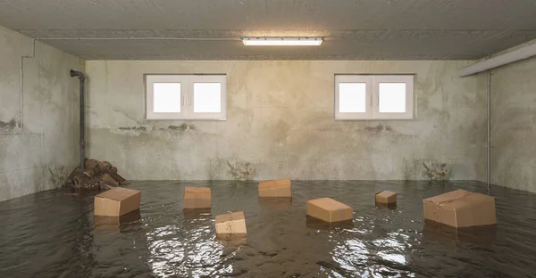 Porão Inundado Casa Com Caixas Papelão Molhado Água — Fotografia de Stock