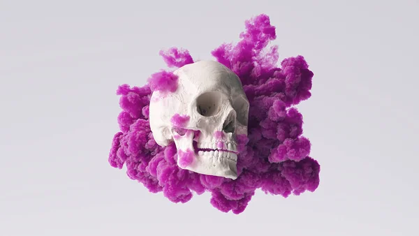 人类骷髅侧面看紫色墨水烟云海盗剧毒恐怖符号万圣节医疗 解剖学和医学概念图像 — 图库照片