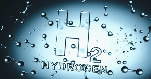 Hydrogen H2 Symbol with hydrogen molecules floating in liquiq - clean energy concept image
