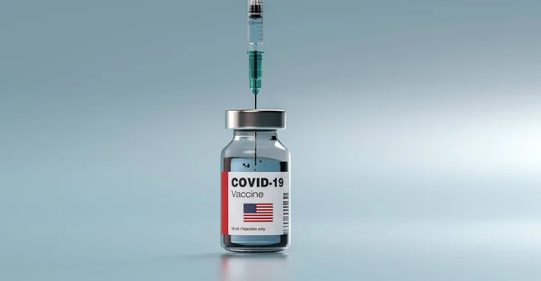 stock image COVID-19 Coronavirus mRNA Vaccine and Syringe with flag of the USA America on the label. Concept Image for SARS cov 2 infection pandemic