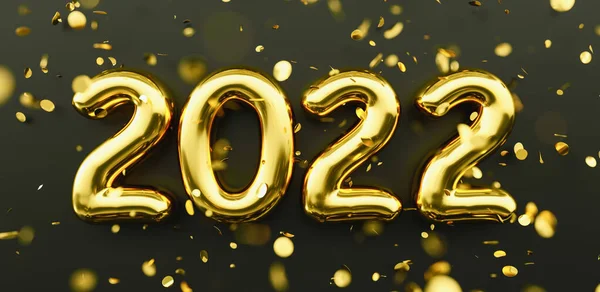 新的2022年快乐 2022年金色的数字和下落的闪光在黑色背景上的彩霞 黄金号码节日海报或横幅概念图像 — 图库照片