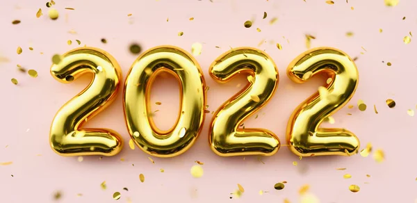 新的2022年快乐 2022年金色的数字和下落的闪闪发光的粉红背景的彩霞 黄金号码节日海报或横幅概念图像 — 图库照片