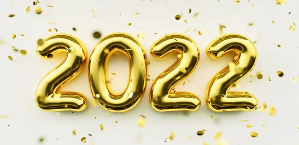 新的2022年快乐 2022年金色的数字和下落的闪光在白色背景上的彩霞 黄金号码节日海报或横幅概念图像 — 图库照片