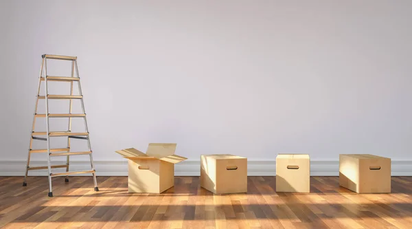 stock image Moving boxes and ladder in empty room in front of a white wall