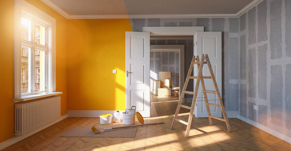 Painting wall yellow in room before and after restoration or ref