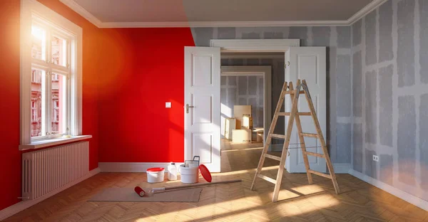 Painting Wall Red Room Restoration Refurbishment — Stock Photo, Image