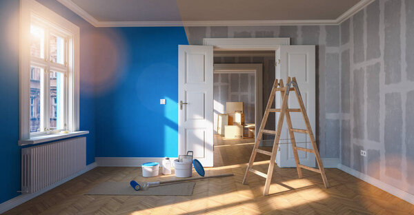 Painting wall blue in room before and after restoration or refurbishment