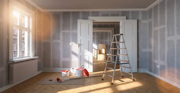 Renovação Modernização Com Gesso Drywall Uma Sala Passeio Com Escada — Fotografia de Stock