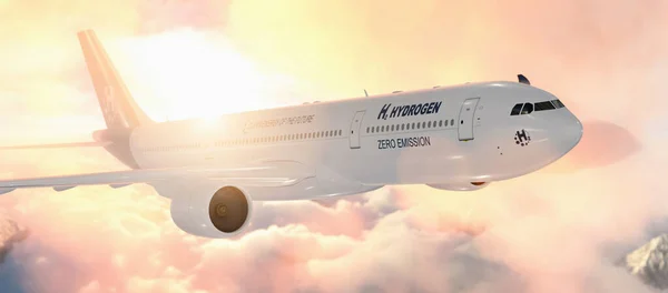 Hydrogen Filled Airplane Flying Sky Sunset Future Zero Emission Energy — Stock Photo, Image