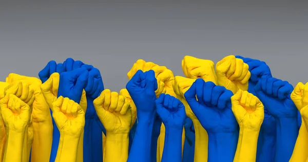 hands raised with closed fists. Multiple hands raised up with closed fist symbolize fight Back and Defend Freedom in Ukrainian War Flag colors