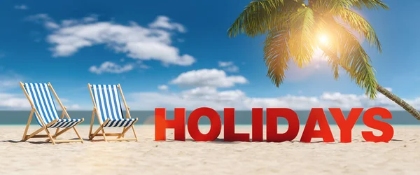 Holidays Concept Slogan Beach Deckchairs Palm Tree Blue Sky — Stock Photo, Image
