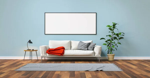Empty White Picture Frame Copy Space Blue Wall Sofa Living Royalty Free Stock Images