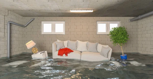 Водонагрівач Після Затоплення Підвалі Меблями Плавають Стокове Зображення