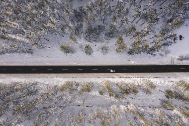 Çam ormanlarını kaplayan kış karı ve araba kuş bakışı manzaralı yol