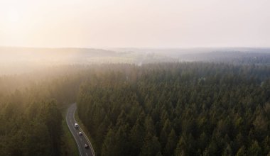 Yukarıdan insansız hava aracı ile görülen sisli yeşil bir orman içinde bir dağ yolunun havadan görüntüsü (Almanya, Avrupa)
