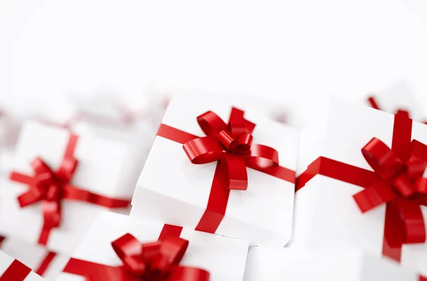 Gift Boxes Red Ribbons Copy Space Individual Text — Stock Photo, Image