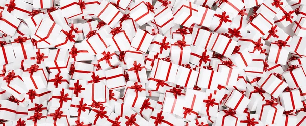 圣诞礼物的背景是红白相间的礼物 — 图库照片