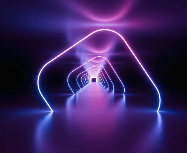 トンネル ネオンライト 仮想現実 抽象的な背景 正方形のポータル アーチ ピンク青のスペクトル鮮やかな色 レーザーショー — ストック写真