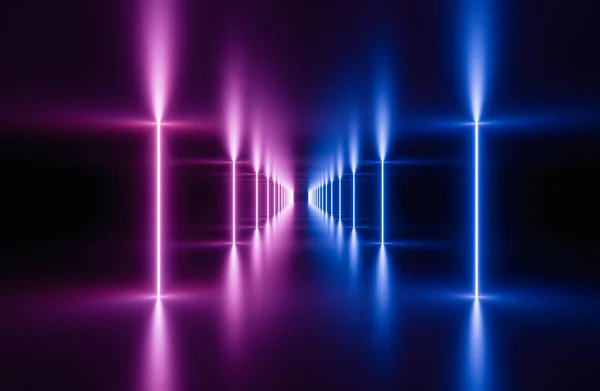 紫外線ネオン広場ポータル トンネル 仮想現実 抽象的なファッションの背景 紫ネオンライト アーチ ピンク青鮮やかな色 レーザーショー — ストック写真