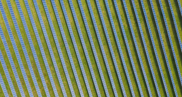 Vista Superior Painéis Solares Célula Solar Fazenda Solar Campo Planta — Fotografia de Stock