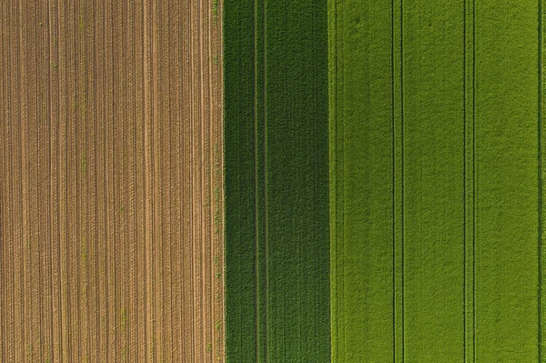 春の日に田舎の異なる農業分野の空中トップビュー ドローン撮影 — ストック写真