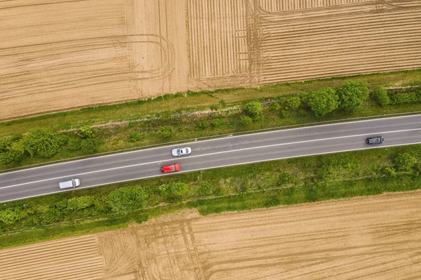 Aerial View Traffic Two Lane Road Countryside Cultivated Fields — Stock Photo, Image
