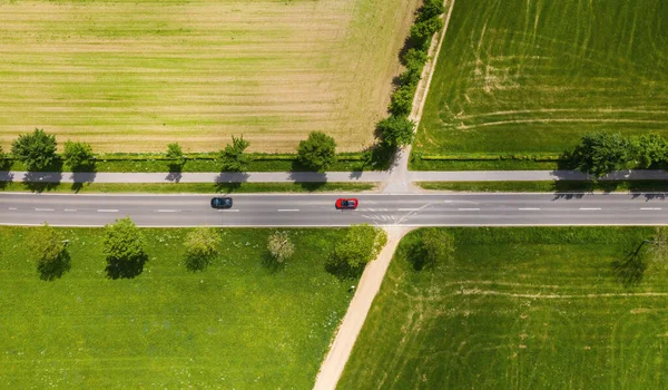 Aerial View Two Lane Road Countryside Cultivated Fields Cars Drone — Stock Photo, Image