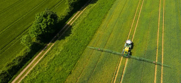 Légi Felvétel Egy Traktorról Ami Permetezi Mezőt Kémia Mezőgazdaságban Drónnézetből — Stock Fotó