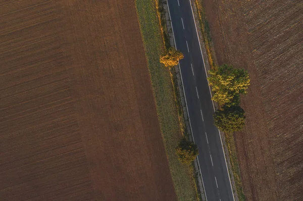 Kırsal Tarlalardan Geçen Iki Şeritli Yoldaki Trafiğin Hava Görüntüsü — Stok fotoğraf