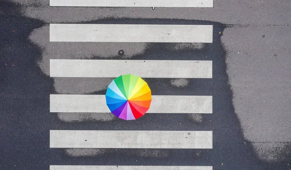 Draufsicht Eines Regenbogenschirms Auf Einem Fußgängerüberweg — Stockfoto